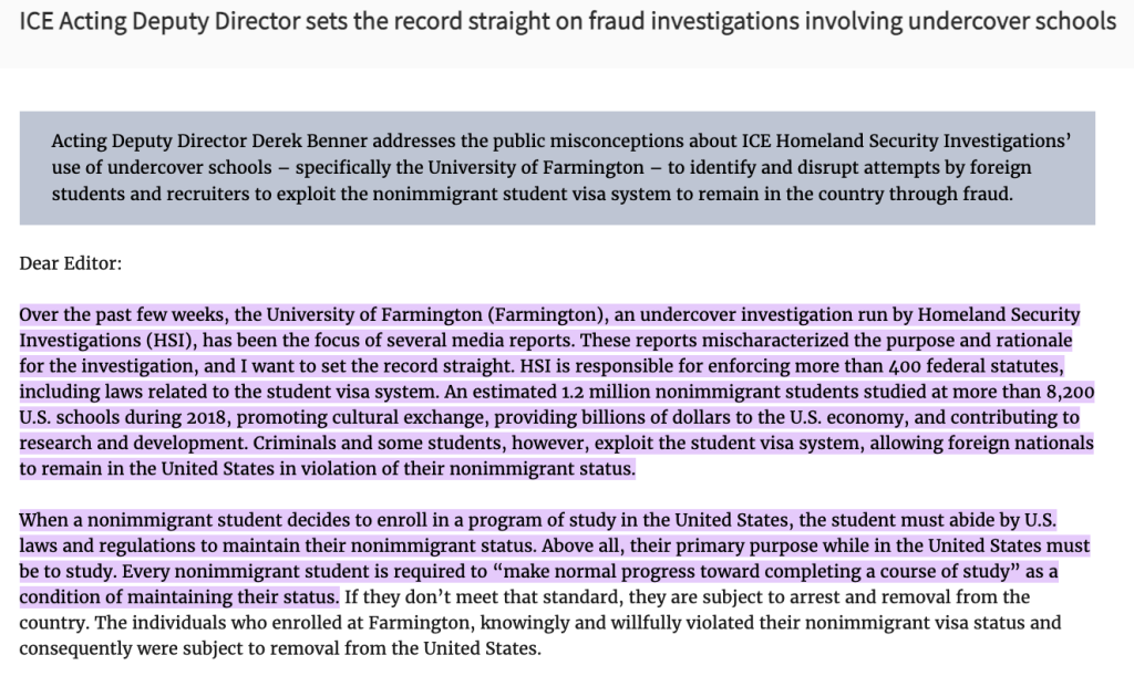 ICE statement on undercover school fraud investigations